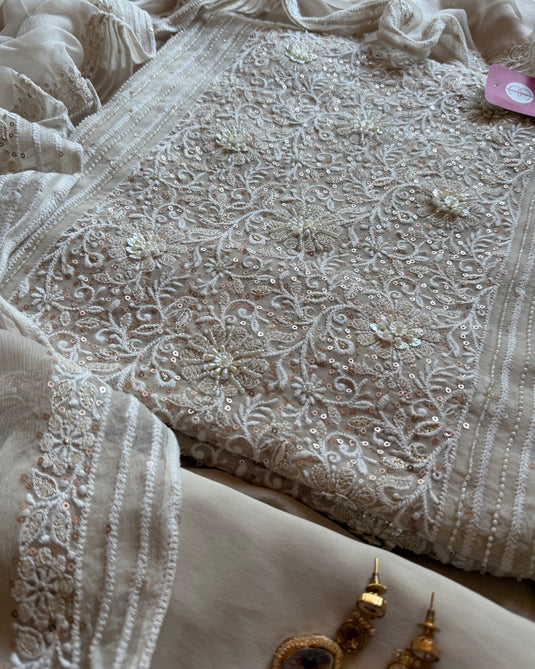 Pure Georgette Chikankari panel Suit Set with chiffon patched dupatta