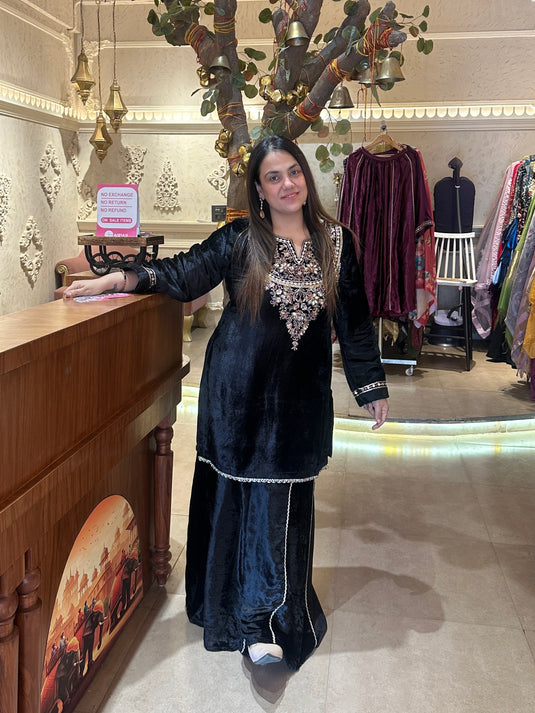 Zareen pure velvet sharara handwork suit set