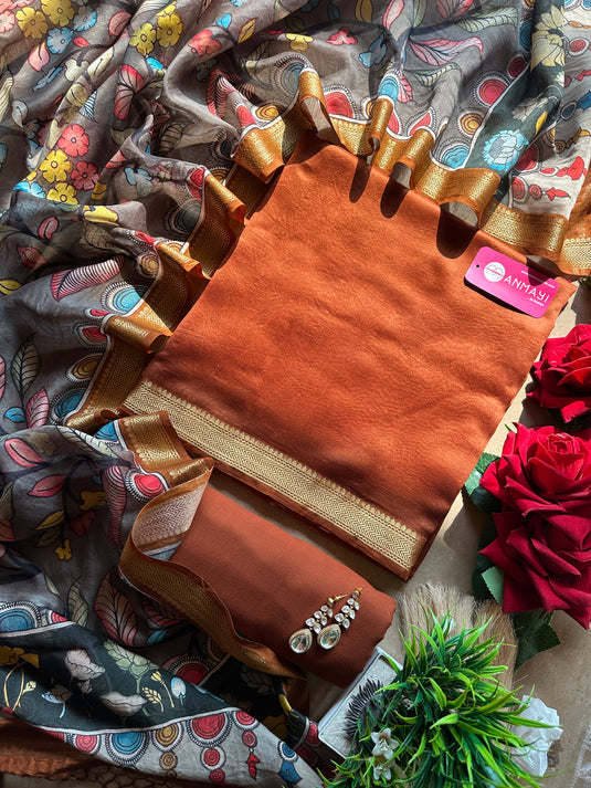 Pure Maheshwari silk south border suit set with kalamkari dupatta