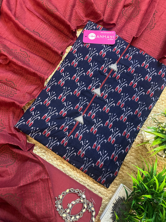 Ikkat print combination cotton suit set with antique neck tassels