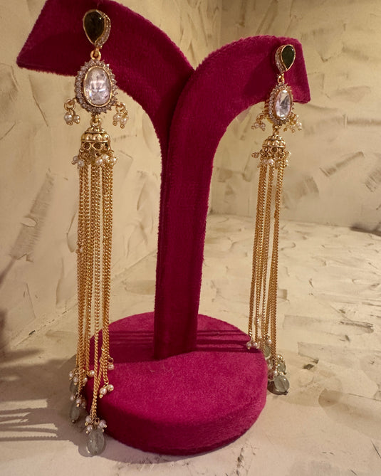 Strings Kundan work Kashmiri earrings with coloured droplets