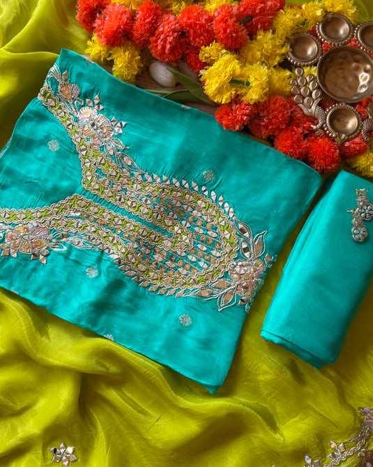 Combination Banarasi upada silk mirror gotta neck suit set with tassel work