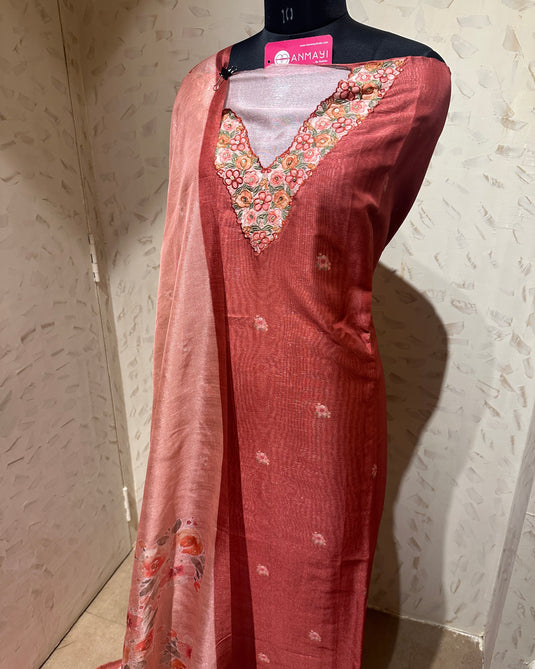 Soft Chanderi parsi neck work suit set with digital print dupattas