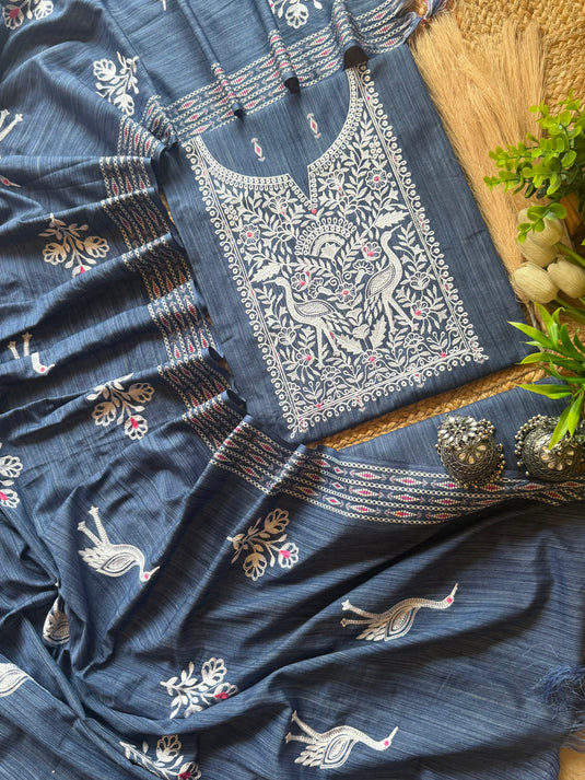 Indigo Handloom cotton Dori neck suit set