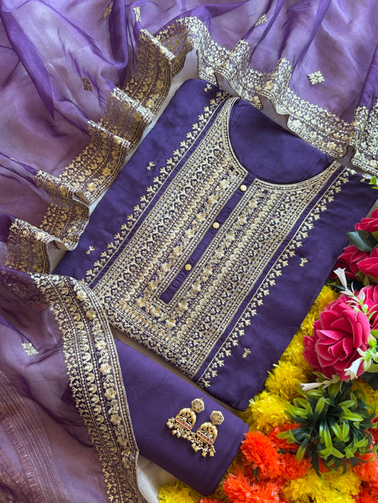 Art raw silk dori neck suit with organza dupatta