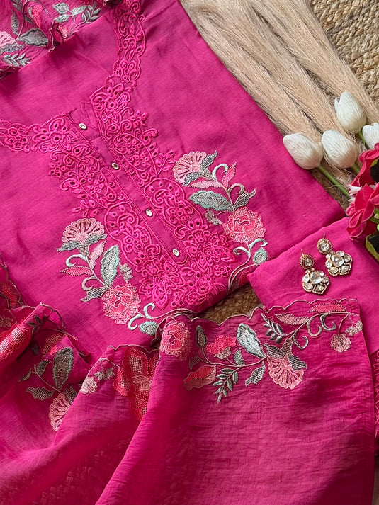 Intricate thread schiffli work pure mul cotton suit