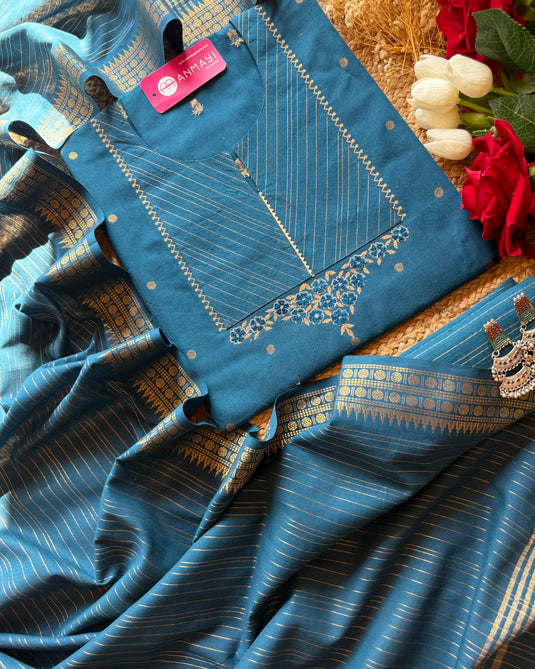 Handloom cotton temple neck suit set
