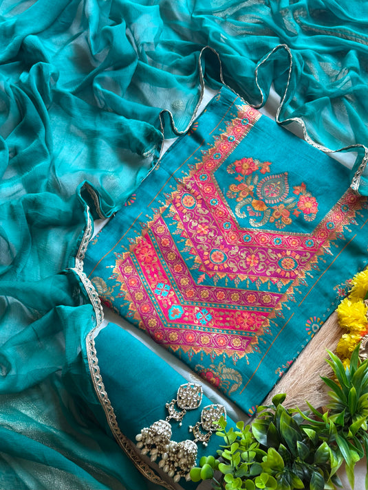 Panel jacquard Dolla silk suit set with chiffon dupatta