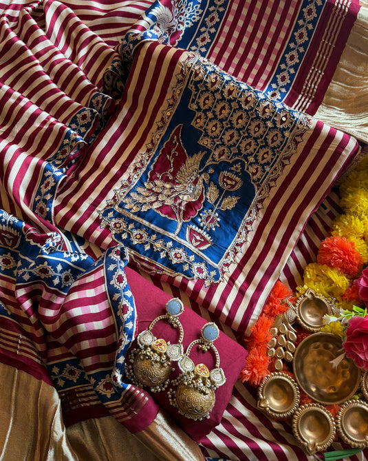 Royal Blue Maroon Highlighted neck pure Gajji silk suit set
