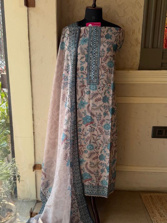 Chanderi silk beige flower print suit set