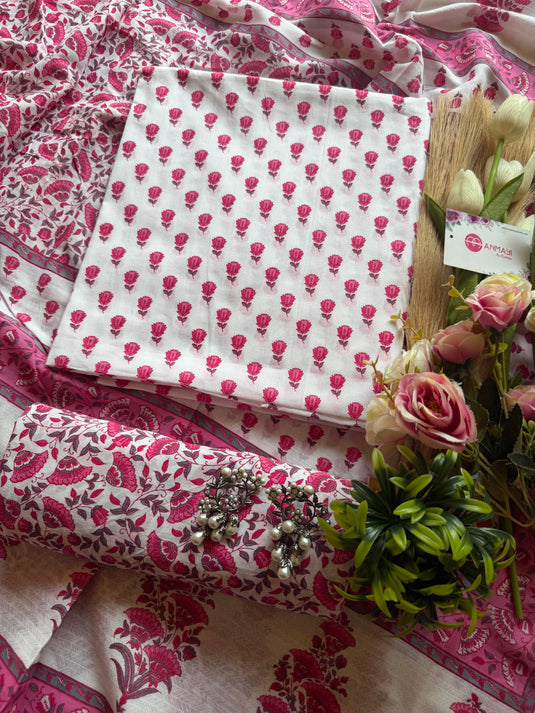 Petals block print white pink fine Cambric cotton suit set