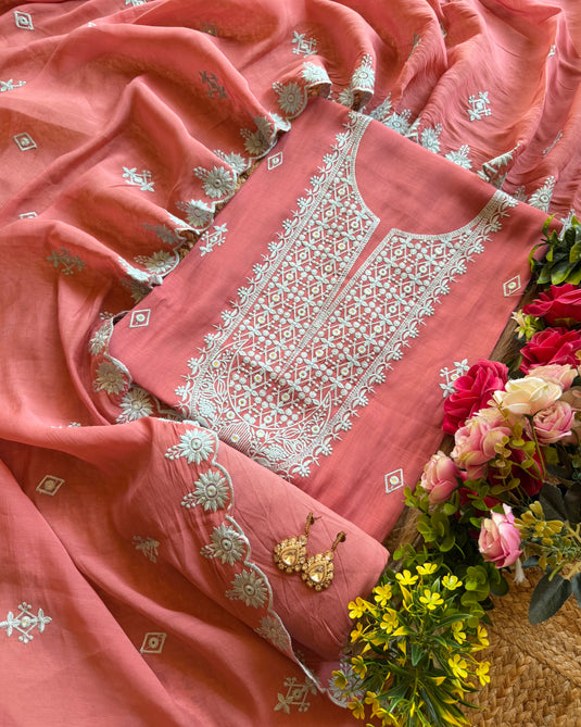 Phulkari work mul chanderi suit set