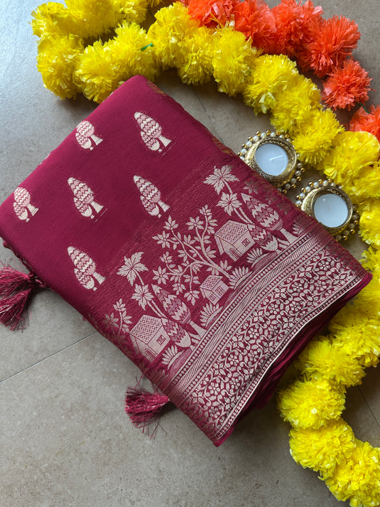 Pine tree chiffon banarasi saree with tassels