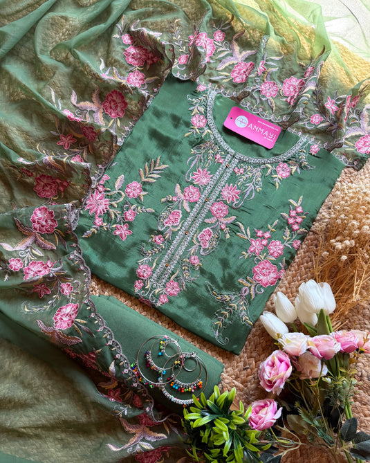 Upada Silk Machine work suit set with organza dupatta