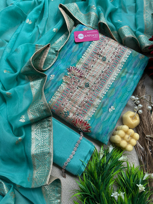 Pure soft organza suit with contemporary Banarasi work