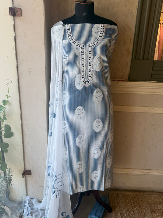 Flower frame pure cotton striped suit set with chiffon dupatta dress
