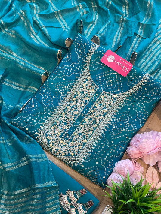 Bandhani print festive modal suit set with banarasi cotton dupatta