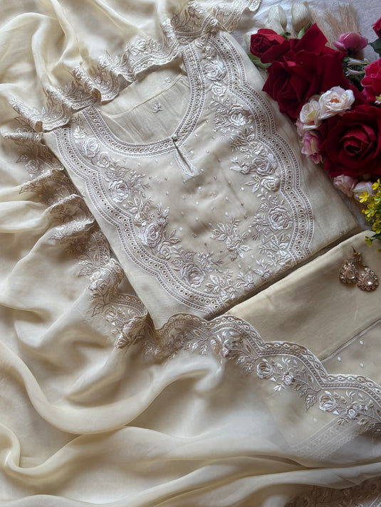 Parsi work semi stitched patched organza neck pure Mul cotton suit