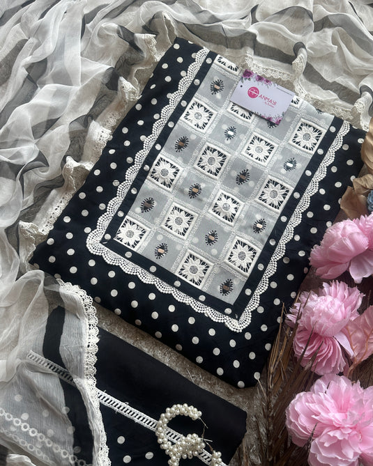 Chiffon patch mirror neck pure cotton polka dots suit set