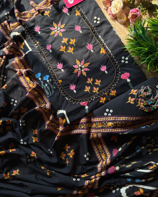 Ikkat print black cotton suit set with mirror neck