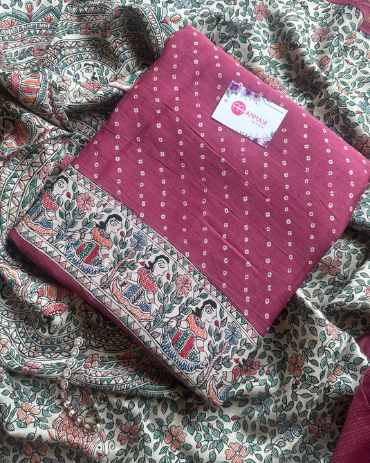Madhubani bandhani fusion print pure Maheshwari silk suits