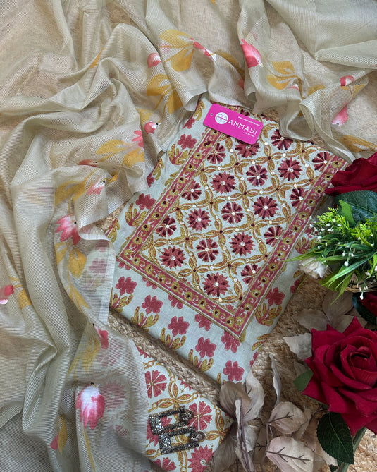 Kantha neck cambric cotton printed suit with Kota dupatta