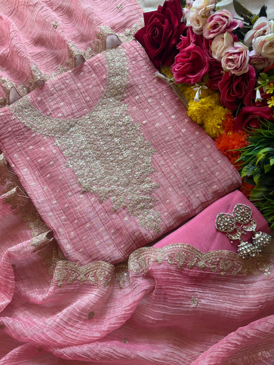 Light crushed soft organza suit set with gold Dori work