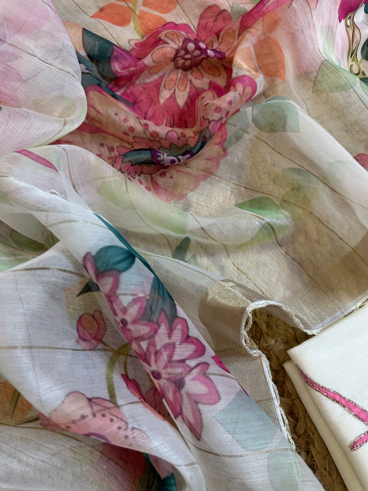 Slub cotton digital patch ivory suit with soft organza dupatta