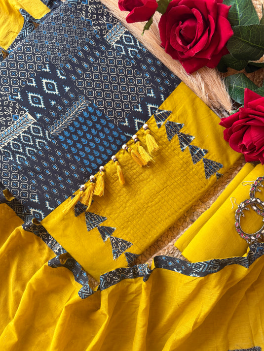 Yellow navy handloom cotton tassel neck suit set