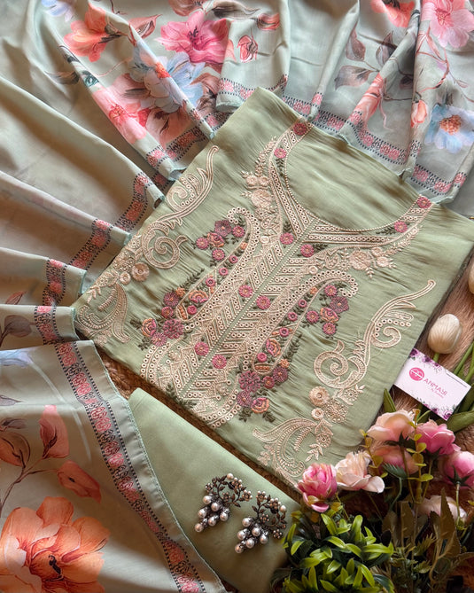 Pakistani patterned mul chanderi suit with digital muslin stole