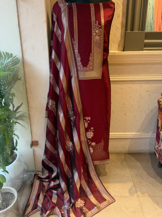 Sunehri Taffeta Silk maroon suit set