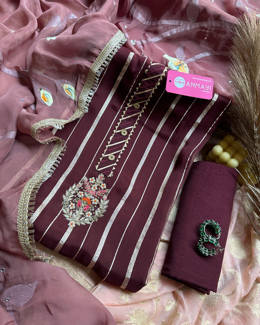 Gotta stripes burgundy pure georgette suit with Kundan neck