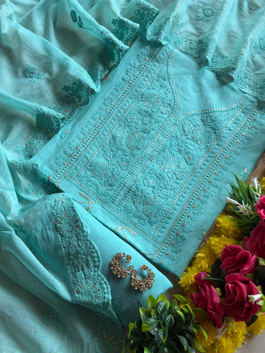 Panel pita work embroidered Mul Chanderi suit set