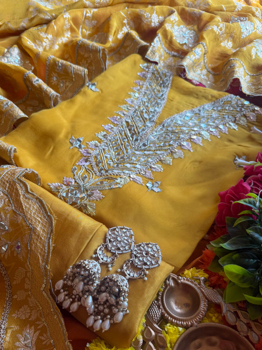 Georgette mirror work suit set with Banarasi jacquard dupatta