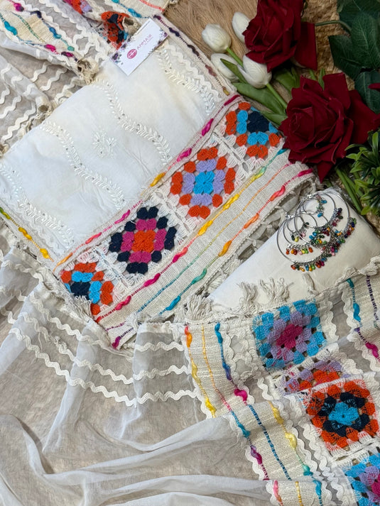 Mul Chanderi embroidered coloured crochet work suit set