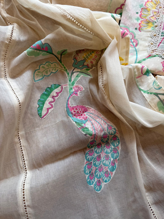 Printed patch work cream suit set with pearl neck