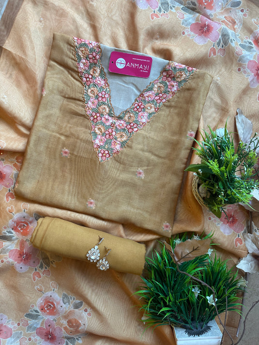 Soft Chanderi parsi neck work suit set with digital print dupattas