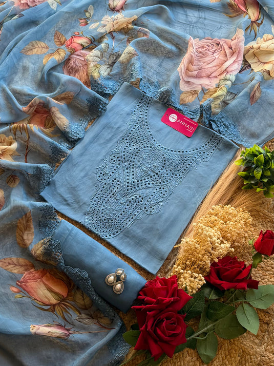 Organza Pakistani cobalt blue suit set with floral dupatta