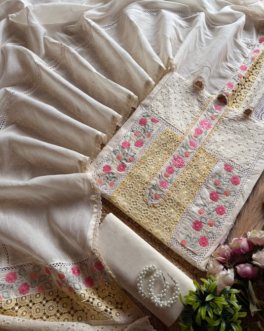 Crochet Hakooba Pintex panel cream cotton suit