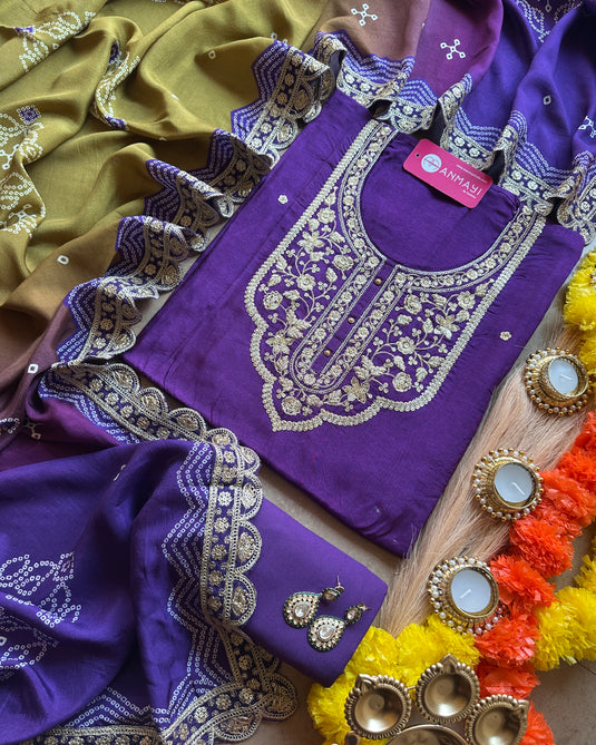 Upada silk dori temple neck suit with combination bandhani dupatta