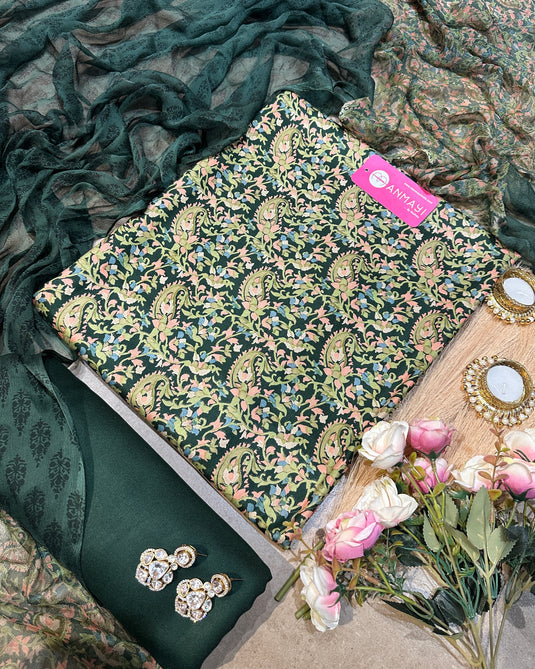 Printed Ambi pure spun suit set with pure chiffon print dupatta