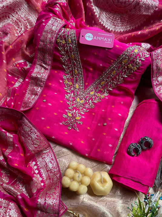 Chinnon bandhani tissue dupatta suit sets with dabka neck work