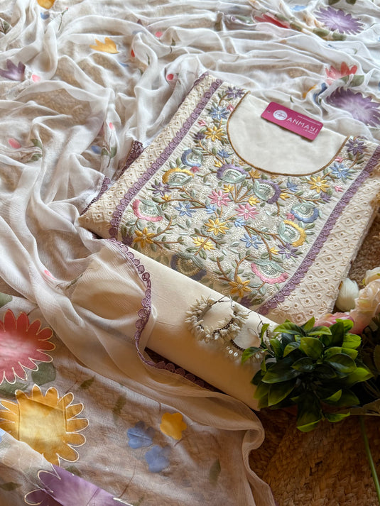 Hakooba pure cotton u neck embroidery suit set with Handpaint dupatta
