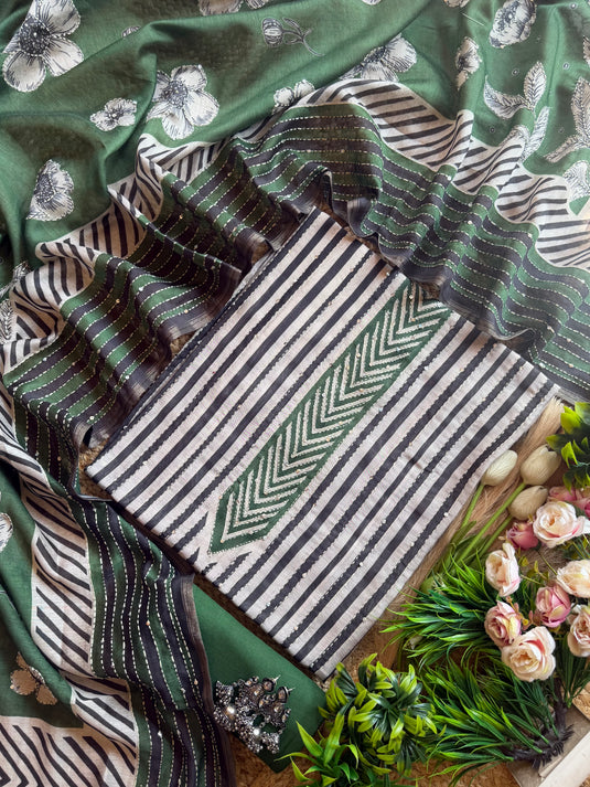 Kantha stripes floral fine Chanderi silk suit set