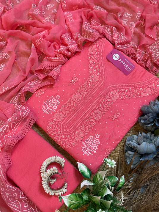 Lucknawi Chikankari pure cotton block print suit with chiffon dupatta