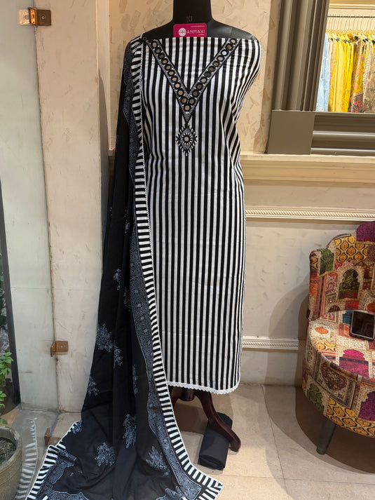 Black Stripes pure cotton suit set with mirror V neck