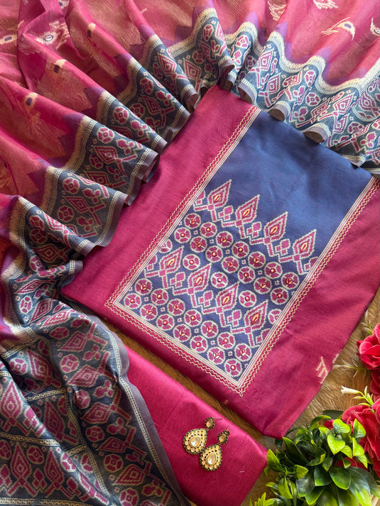 Chanderi silk boho print pita highlights suit set