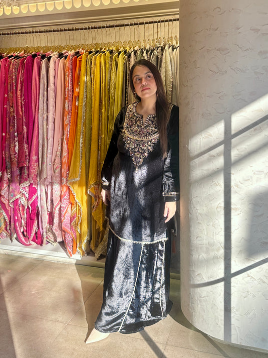 Zareen pure velvet sharara handwork suit set