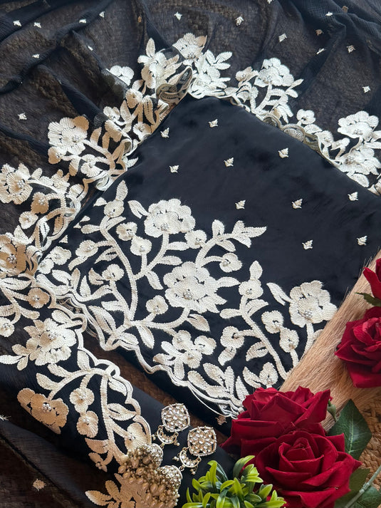 Karachi patterned aari work black fine chinnon suit set