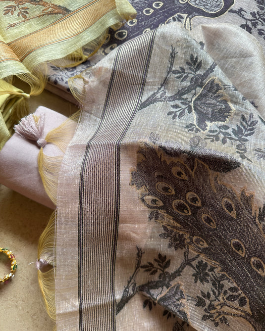 Peacock motifs Jamdani silk suit set
